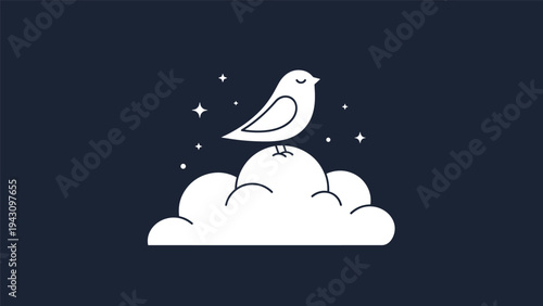Peaceful illustration of a white bird resting on a soft cloud under a starry night sky, creating a calm and serene mood.