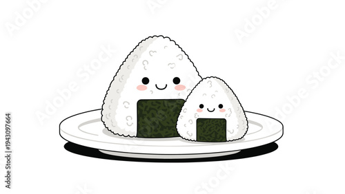 Two cute onigiri rice ball characters with happy faces and seaweed wraps sitting on a white plate, perfect for food lovers.
