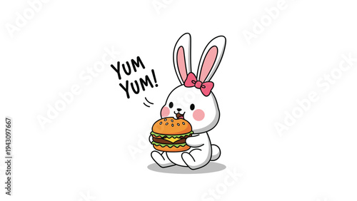 Adorable white bunny with a pink bow happily eating a large hamburger, with the words Yum Yum! in a playful font.
