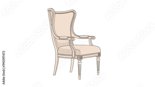 Elegant beige wingback armchair with ornate wooden legs and armrests, suitable for luxury interior design presentations.