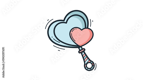 Charming baby rattle with two heart-shaped heads in blue and pink, perfect for newborn gifts or nursery-themed graphics.