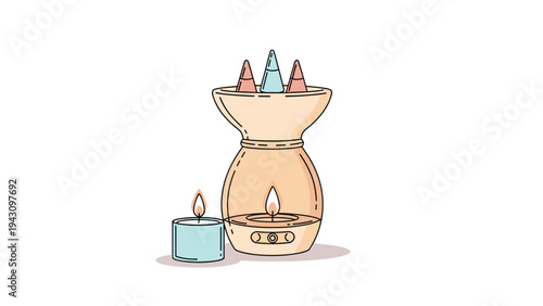 Relaxing spa scene with a ceramic essential oil burner and two burning tea light candles, promoting peace and wellness.