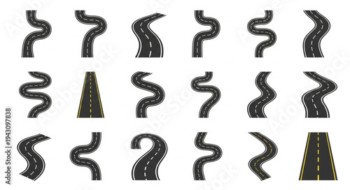 Collection of Winding Asphalt Roads for Design and Illustration.