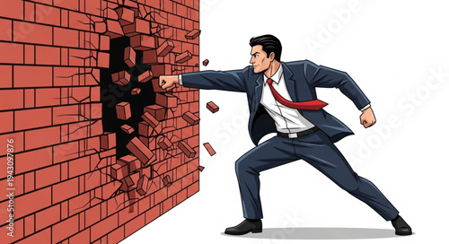 Man Breaking Through Red Brick Wall.