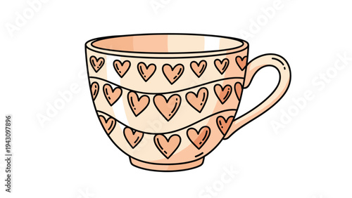 Ceramic coffee or tea mug in a light beige color decorated with multiple rows of small brown heart patterns on white.