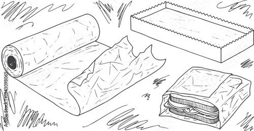 Collection of hand-drawn wax paper illustrations showing a roll, a box, a wrapped sandwich, and abstract scribbles in a simple black and white doodle art style