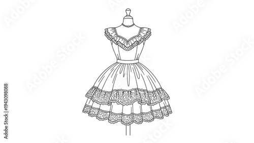 Elegant vintage style white dress with ruffles and lace details displayed on a dressmaker's dummy or mannequin stand.
