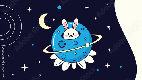 Cute white bunny character peeking out from a circular window of a blue ringed planet floating in a starry space.