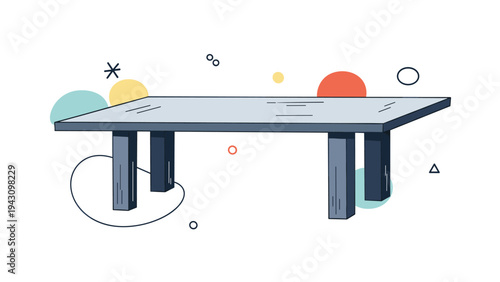 Large dark grey rectangular office or dining table shown with minimalist colorful abstract shapes and lines behind it.
