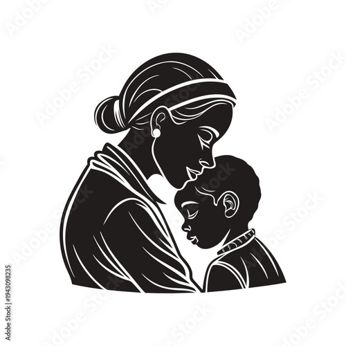 Heartwarming Black and White Illustration of a Mother and Child Sharing a Tender Moment of Love and Connection