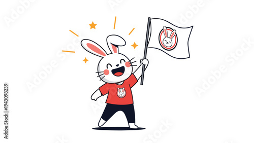 Happy white bunny character wearing a red t-shirt and waving a white flag that features a picture of its own face.