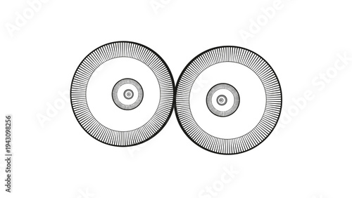Two large circular shapes with intricate inner lines resembling abstract eyes or microscopic cells in black and white.