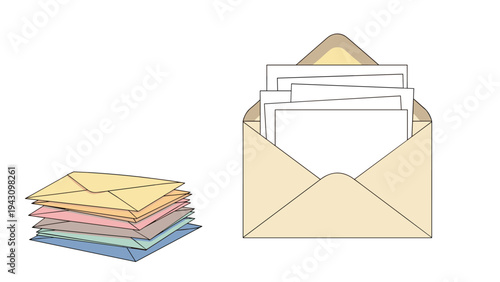 Collection of mail including a stack of colorful pastel envelopes and one open tan envelope revealing several white papers.