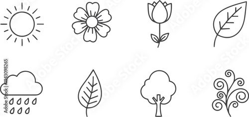 Collection of black line art nature icons representing ecology and weather, featuring minimalist symbols for sun, flower, leaf, rain, tree, and organic growth concepts
