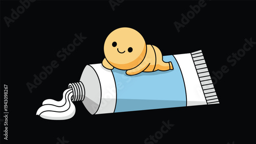 Small yellow character with a cute face lying on its belly on top of a large blue and white tube of toothpaste on black.