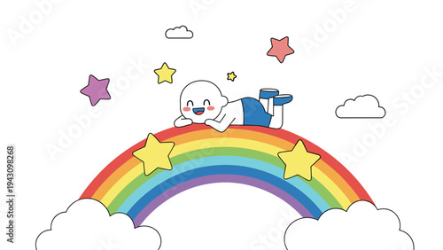 Happy person character lying comfortably on top of a colorful rainbow surrounded by clouds and many bright stars.