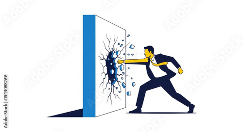 Man Breaking Through Wall Obstacle.