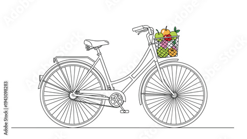 Classic bicycle shown in a clean line drawing featuring a front basket filled with a variety of colorful fresh fruits.