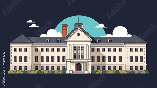 Grand classical style white building with many windows and a large entrance shown against a dark blue night sky.