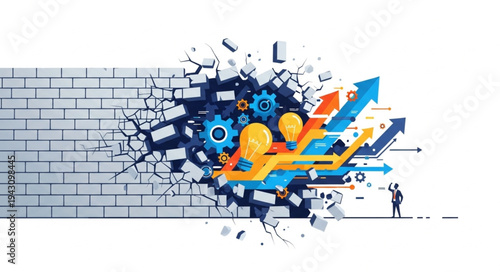 Man Breaking Through Wall with Gears.