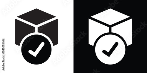 3D box with a checkmark circle icon. High-quality vector representing quality control, order completion, verified delivery, and successful logistics packaging.