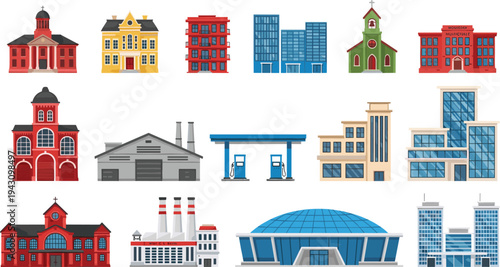 Illustration of Various Building Types Including Residential, Commercial, Industrial, and Public Structures