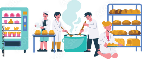 Bakery team preparing bread and pastries in commercial kitchen with vending machine shelves and baking process flat vector illustration