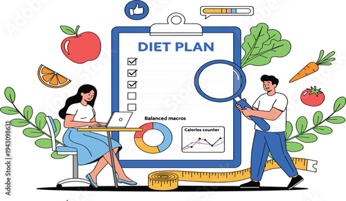 Healthy Diet Plan Concept Illustration with Nutrition Checklist, Calorie Counter, Fruits, Vegetables and People Planning Balanced Eating Lifestyle