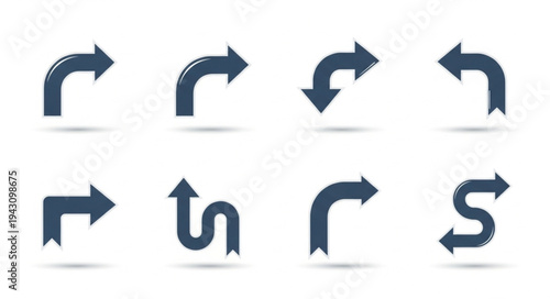Set of Dark Blue Arrow Icons with Shadows on White Background.
