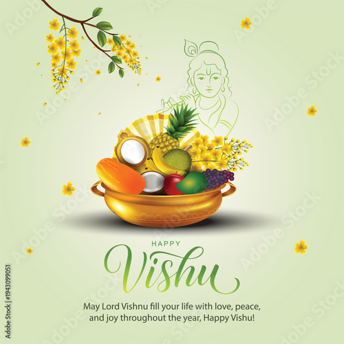 Happy Vishu greetings. April 14 Kerala festival with Vishu Kani, vishu flower Fruits and vegetables in a bronze vessel. vector illustration design