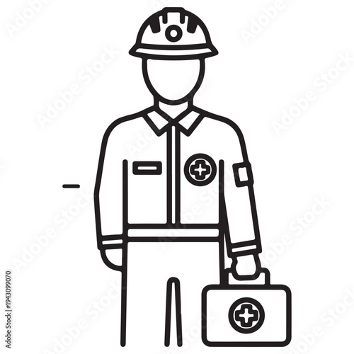 Professional Rescue Worker and Industrial Medic Icon Standing with First Aid Kit and Safety Helmet Representing Emergency Medical Services and Workplace Health Protocols in Clean Line Art.