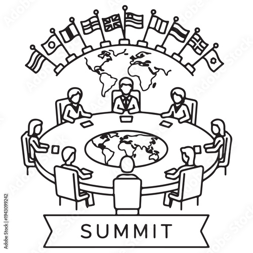 International delegates and world leaders sitting at a round table for a global summit meeting with world map and international flags in a minimalist line art style, symbolic of cooperation.