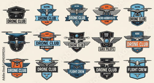 Collection of Drone Club Emblems and Logos with Winged Drone Designs.