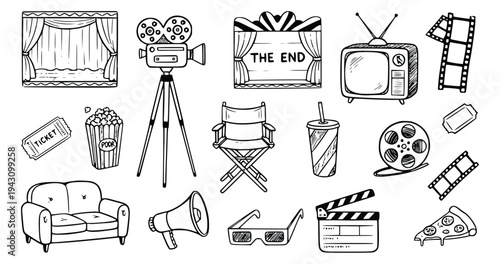 Assortment of hand drawn movie making equipment and entertainment items are scattered across a white surface for illustration.