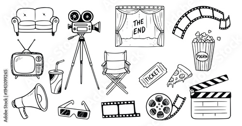 Collection of various hand drawn cinema and movie production elements are displayed against a white background for design use.