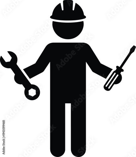 Silhouette icon of construction worker wearing hard hat holding wrench and screwdriver, symbolizing mechanic, technician, engineering, repair, maintenance, and manual labor professions illustration