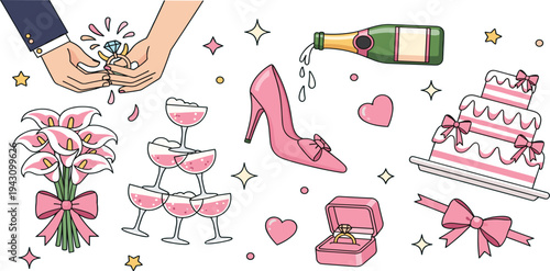 Romantic Engagement and Wedding Celebration Illustration with Diamond Ring, Champagne, Cake, Flowers, High Heel and Love Symbols