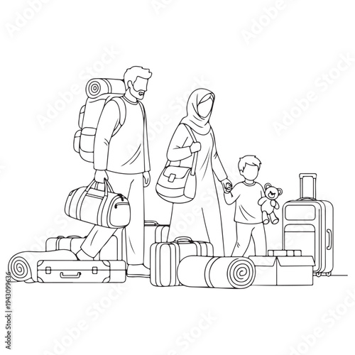 Muslim family with father, mother in hijab, and young son walking with heavy luggage, suitcases, and backpacks, representing migration, travel, or displacement in a clean line art illustration.