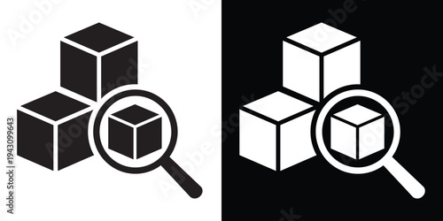 3D cube with a magnifying glass icon. Vector illustration representing product search, logistics tracking, inventory discovery, and warehouse management in black and white styles.