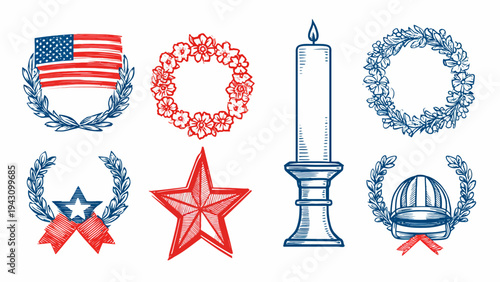 Illustration of patriotic memorial elements including USA flag wreath, stars, remembrance symbol, and military honor badge in red, white, and blue theme for Memorial Day or Veterans Day