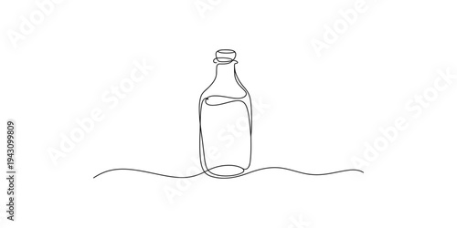 Continuous line drawing of a bottle standing in water with a wavy surface message ocean