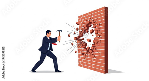 Man in Suit Breaking Brick Wall.