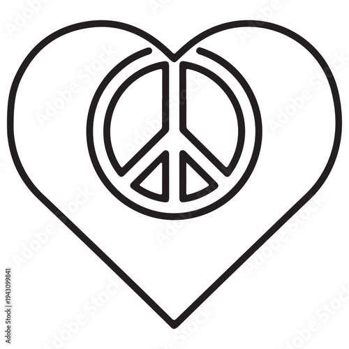 Minimalist Heart with Peace Symbol Line Art Illustration for Coloring Book or Logo Design, Representing Global Harmony, Universal Love, and Anti-War Activism on a Clean White Background.