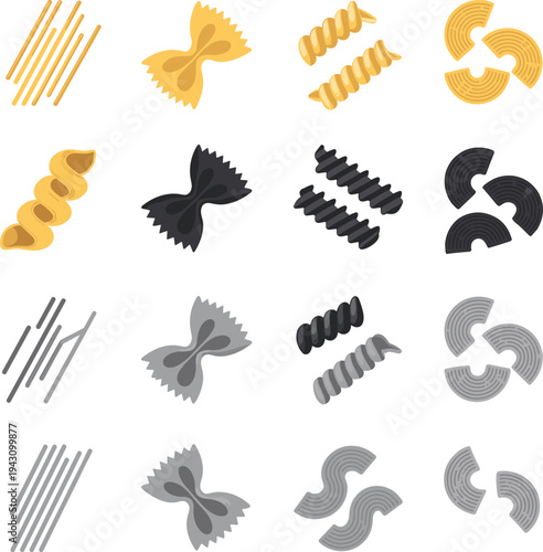 Different pasta shapes collection including spaghetti, farfalle, fusilli and macaroni isolated flat vector illustration set for Italian cuisine
