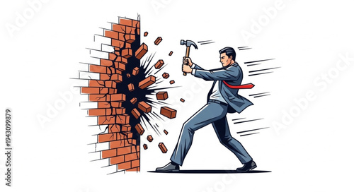 Man in Suit Breaking Brick Wall.
