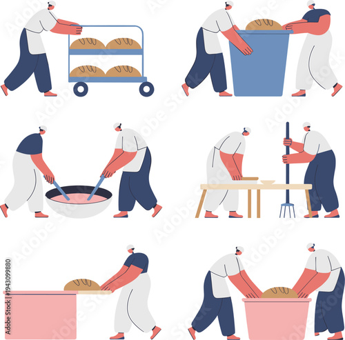Bakery workers preparing bread dough and baking process illustration set showing traditional bakery production workflow with professional bakers