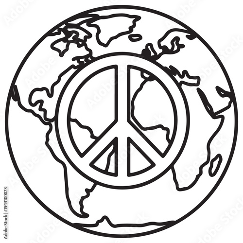 Minimalist black and white line art illustration of planet Earth globe with a large peace sign symbol in the center, representing global harmony, anti-war activism, and international unity.