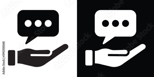 Human hand holding speech bubble icons. Minimalist vector illustration symbolizing customer service, chat support, communication assistance, and social media feedback.