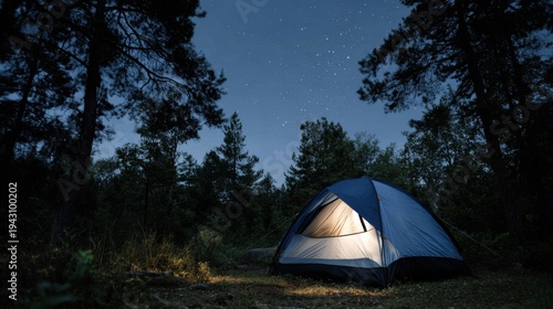 Blue camping tent illuminated from within at night, surrounded by tall trees and a starry sky in a tranquil forest setting