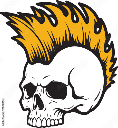 Punk Rock Skull Illustration with Yellow Mohawk - Edgy Streetwear Graphic